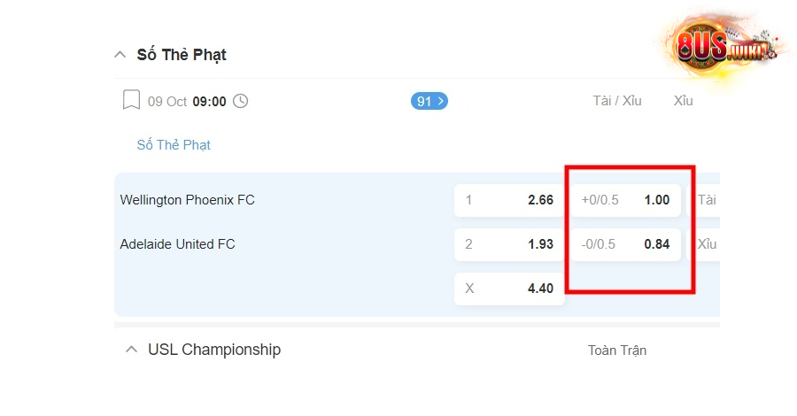 Ví dụ kèo thẻ phạt trận đấu giữa Wellington FC vs Adelaide United FC